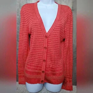 ST. JOHN Yellow Tag Wool Blend Coral Orange Striped Button Up Cartigan Size